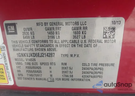 2014 Chevrolet Traverse Ltz z USA, uszkodzony, nr VIN 1GNKVJKD6EJ214287